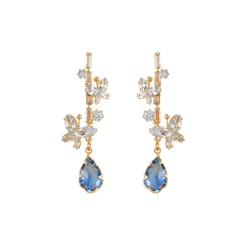 Bright Zircon Glass Crystal Sier Needle Plated Butterfly Water Drop Earrings