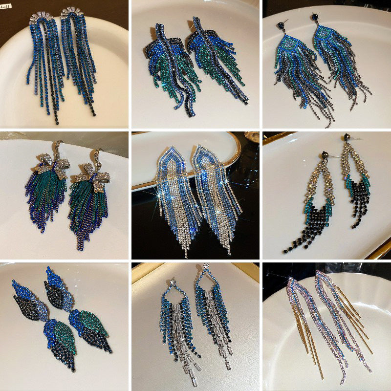 Sier Needle Blue Triangular Rhombus Tassel Affordable Luxury Earrings
