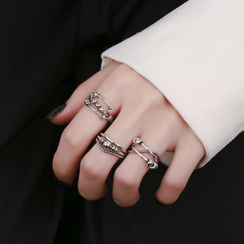 Sier Fashion Simple Retro Cross Niche Smart Round Beads Rings