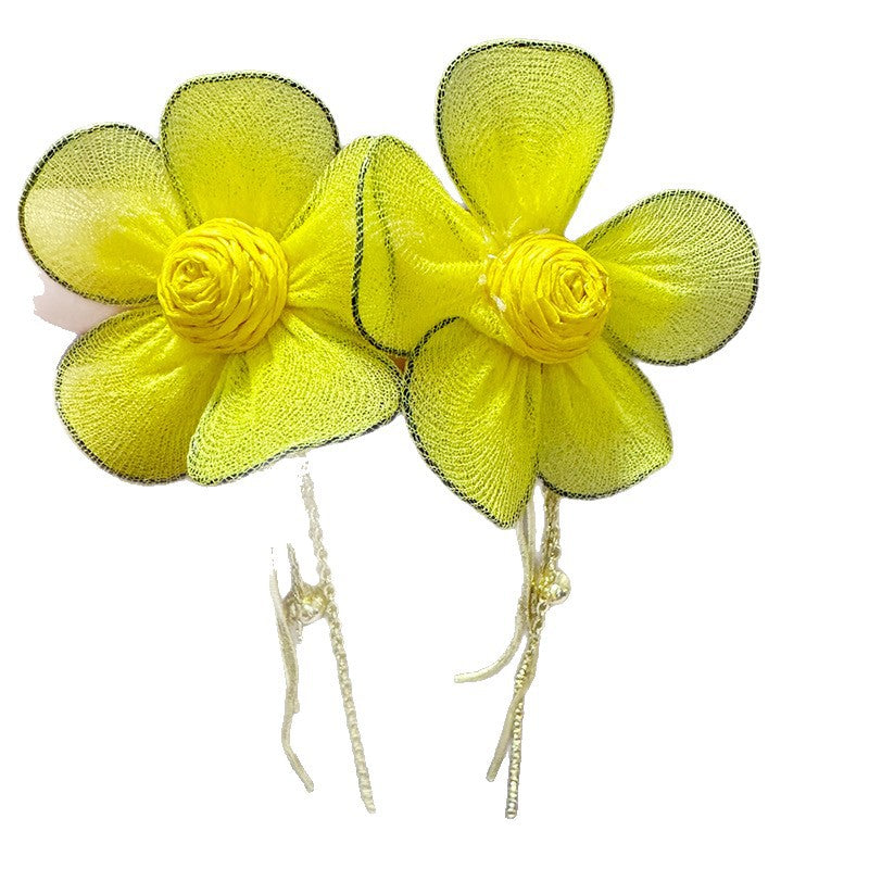 Western Style Yellow Tulle Flower Tassel Chain Long Elegant Wearing Earrings