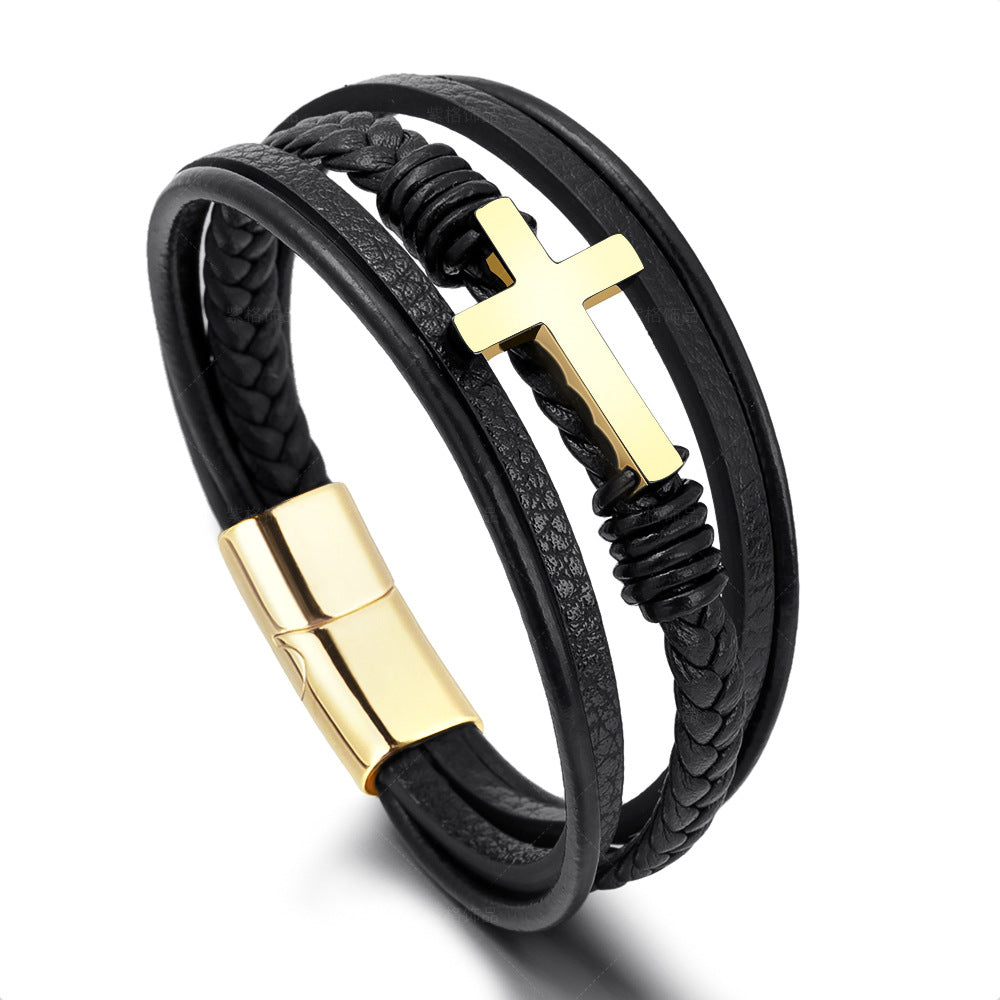 Herren-Armbänder aus gewebtem, handgefertigtem Leder mit Magnetverschluss und Kreuz aus Edelstahl