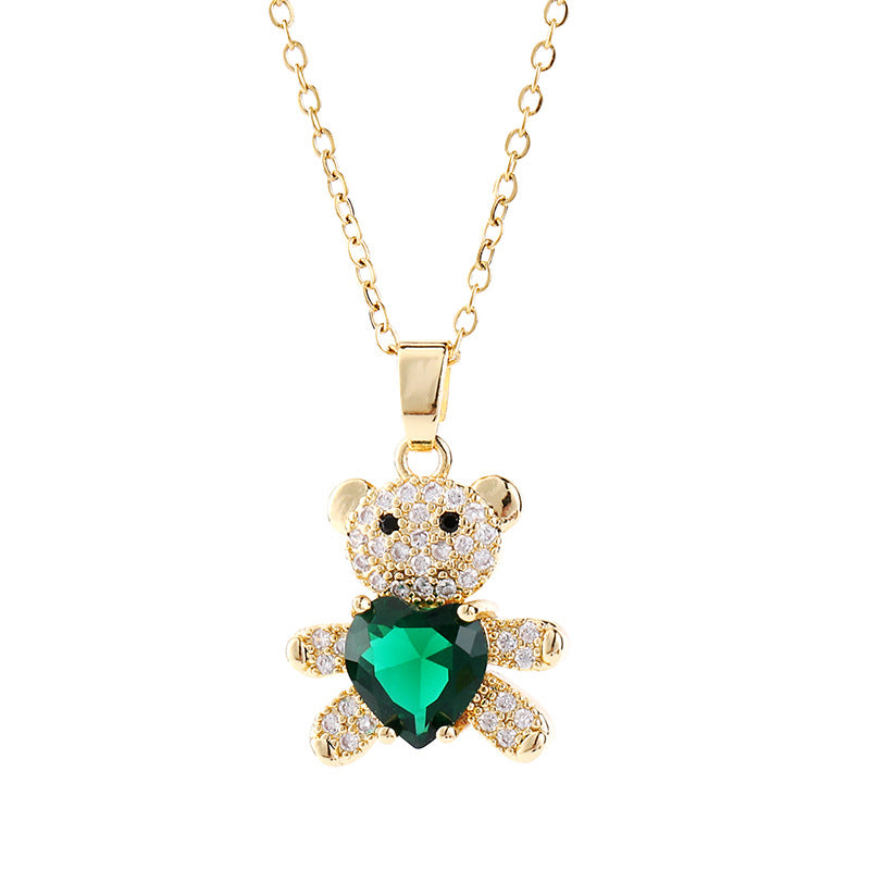 Copper Micro Inlaid Zircon Ornament Cute Heart Bear Pendant Necklaces