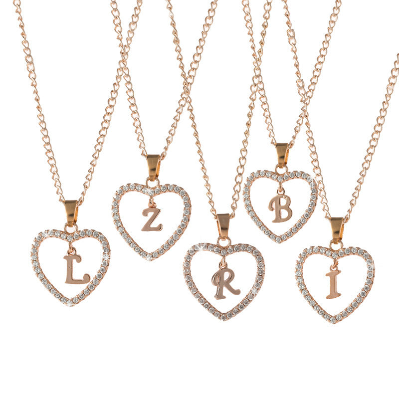 Women's Letter Love Vintage Refined Rhinestone Peach Heart English Pendant Necklaces