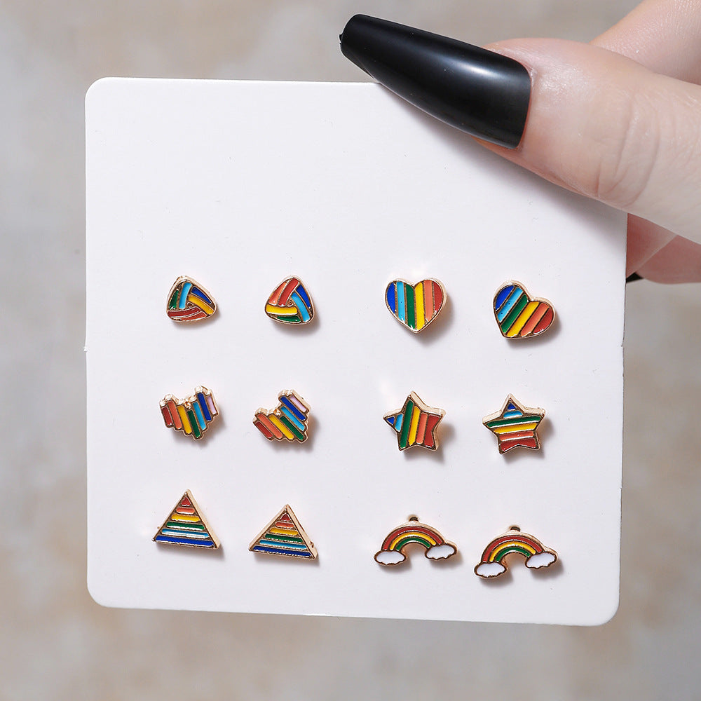 Wind Mini Rainbow Striped Love Heart Earrings