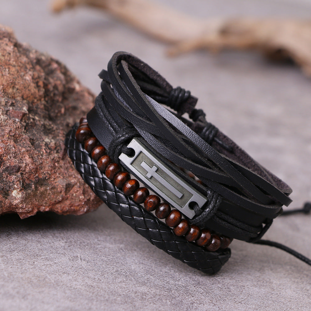 Men's Leather Alloy Cross Hemp Flowers Chain Bracelets