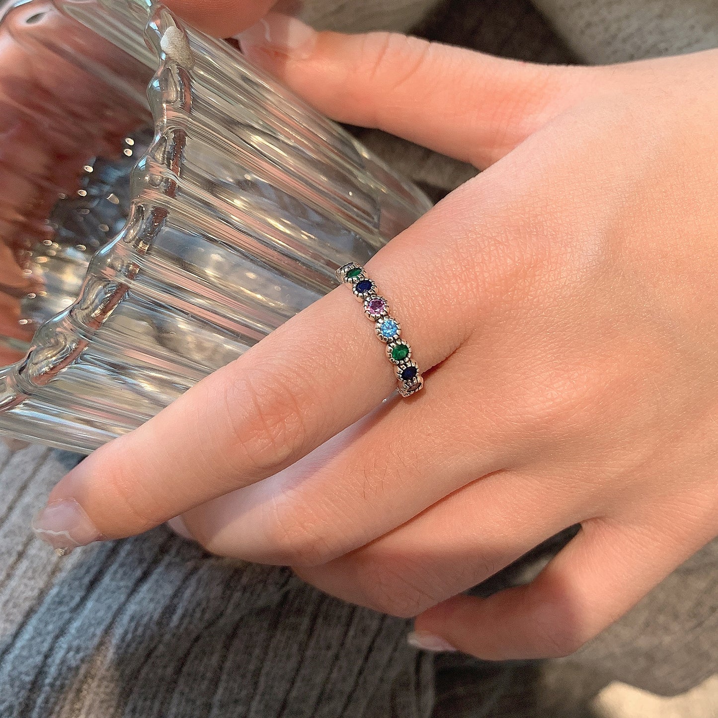 Women's Sterling Sier Retro Rainbow Colorful Open-end Zircon Light Rings