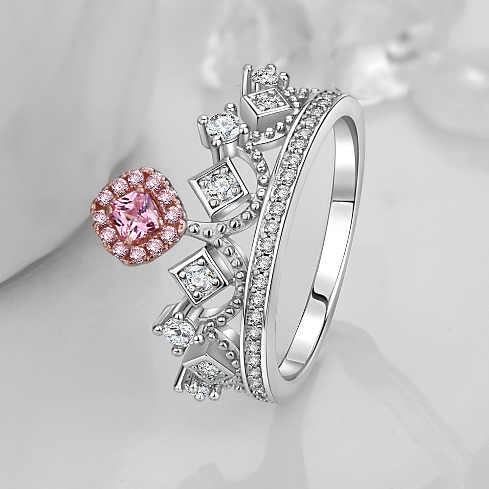 Women's Lady Style Pink Diamond Crown Princess Rings