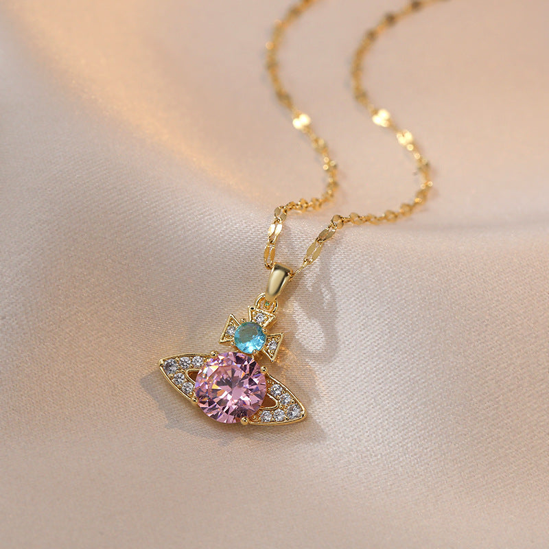 Saturn Light Luxury Colorful Crystals Zircon Tears Drop Pendant Necklaces