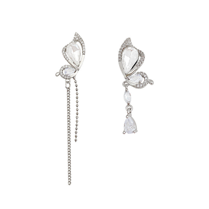 Needle Asymmetric Butterfly Tassel Sparking Zirconium Female Design Earrings
