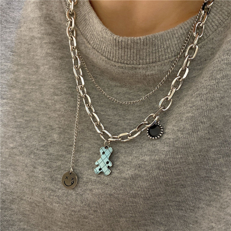 Titanium Steel Female Hip Hop Double Wall Cute Bear Necklaces