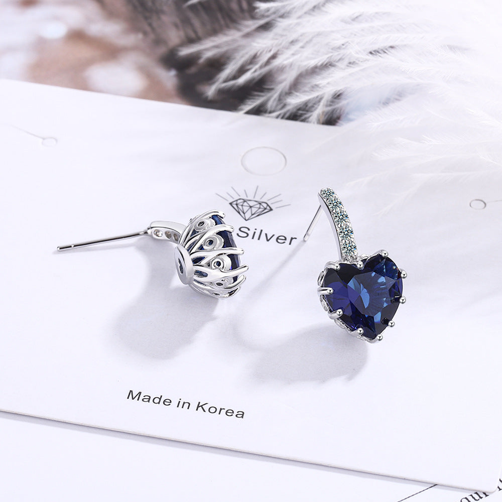 Women's Fashion Zircon Sea Blue Love Heart Earrings