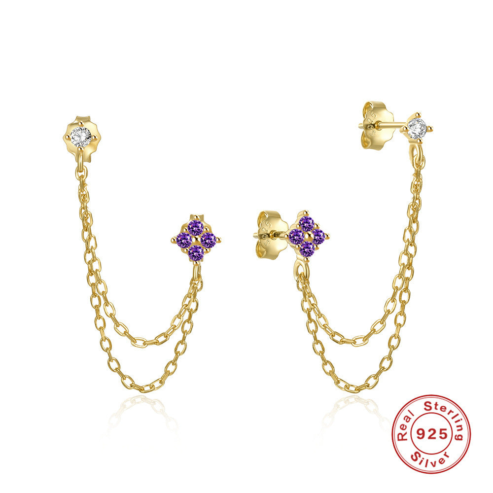 Boucles d'oreilles en forme de chaîne et de diamants pour femmes, Style argent sterling