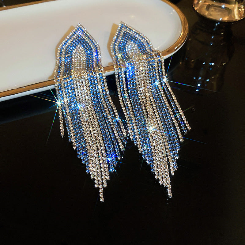 Sier Needle Blue Triangular Rhombus Tassel Affordable Luxury Earrings