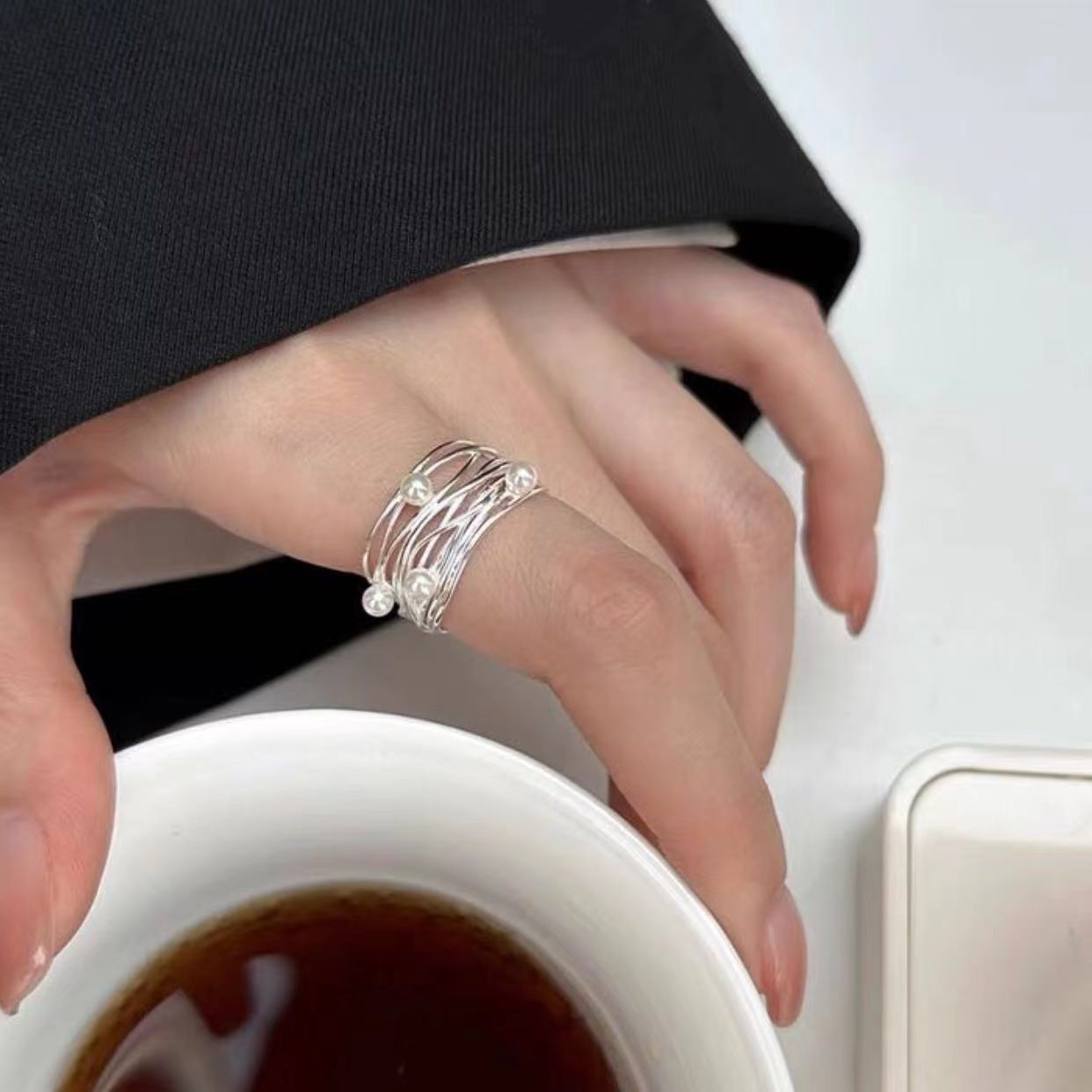 Cross Pearl Female Open Adjustable Indifference Rings
