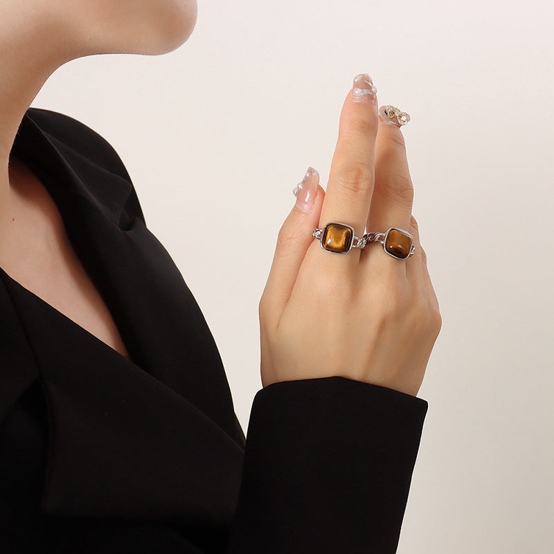 Natural Stone Tigereye Inlaid Geometric Open Rings