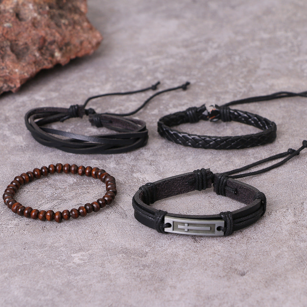 Men's Leather Alloy Cross Hemp Flowers Chain Bracelets
