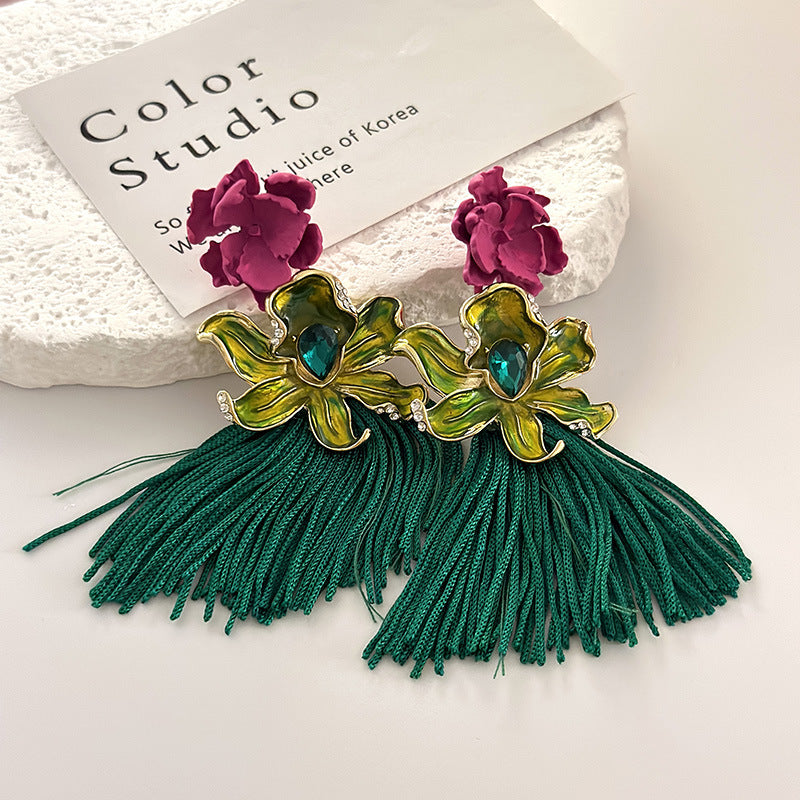 Übertriebene lange Quasten-Brautohrringe im chinesischen Stil mit Blumen-Retro-Motiv