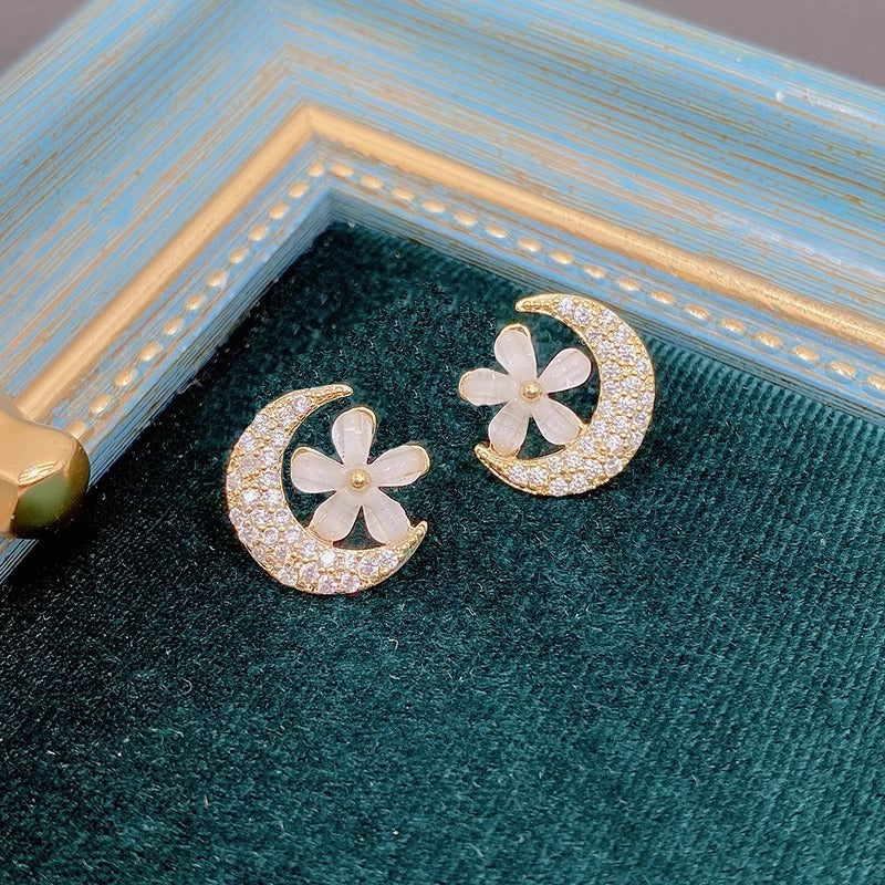 Boucles d'oreilles en diamant, fleur de lune, opale d'argent, douces