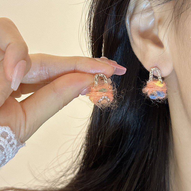 Painting Of Rainbow Wool Niche Design Earrings