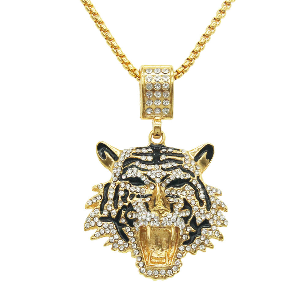 Colliers avec pendentif tête de tigre tridimensionnelle en diamant pour femmes, hommes et diamants