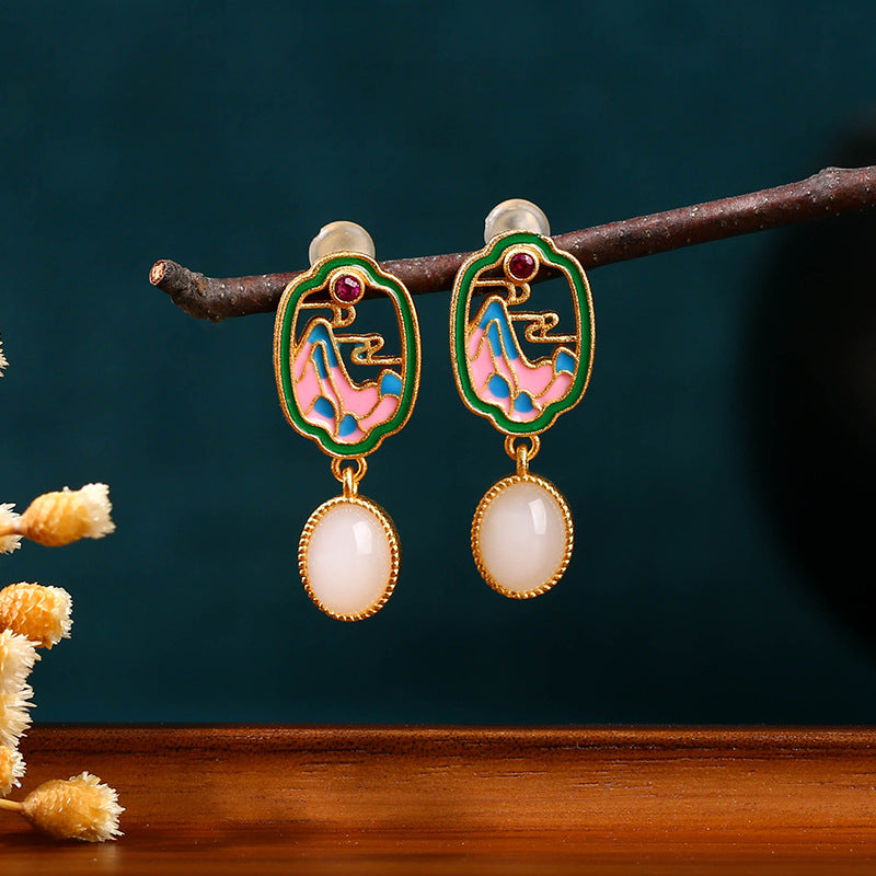 Style Enamel Imitation Jade Niche Design Earrings