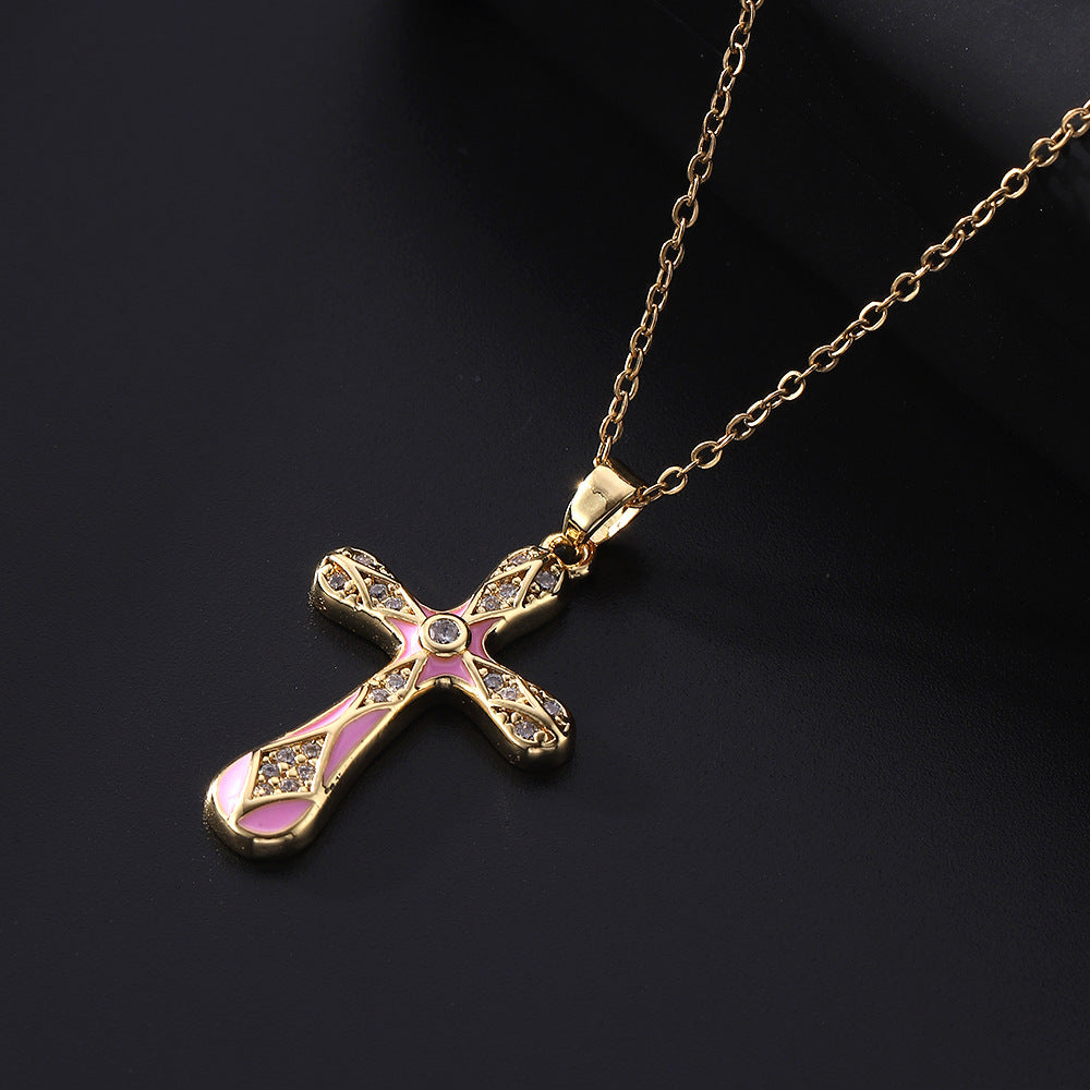 Dripping Zircon Cross Pendant Temperament Wild Micro Inlaid Gold Necklaces