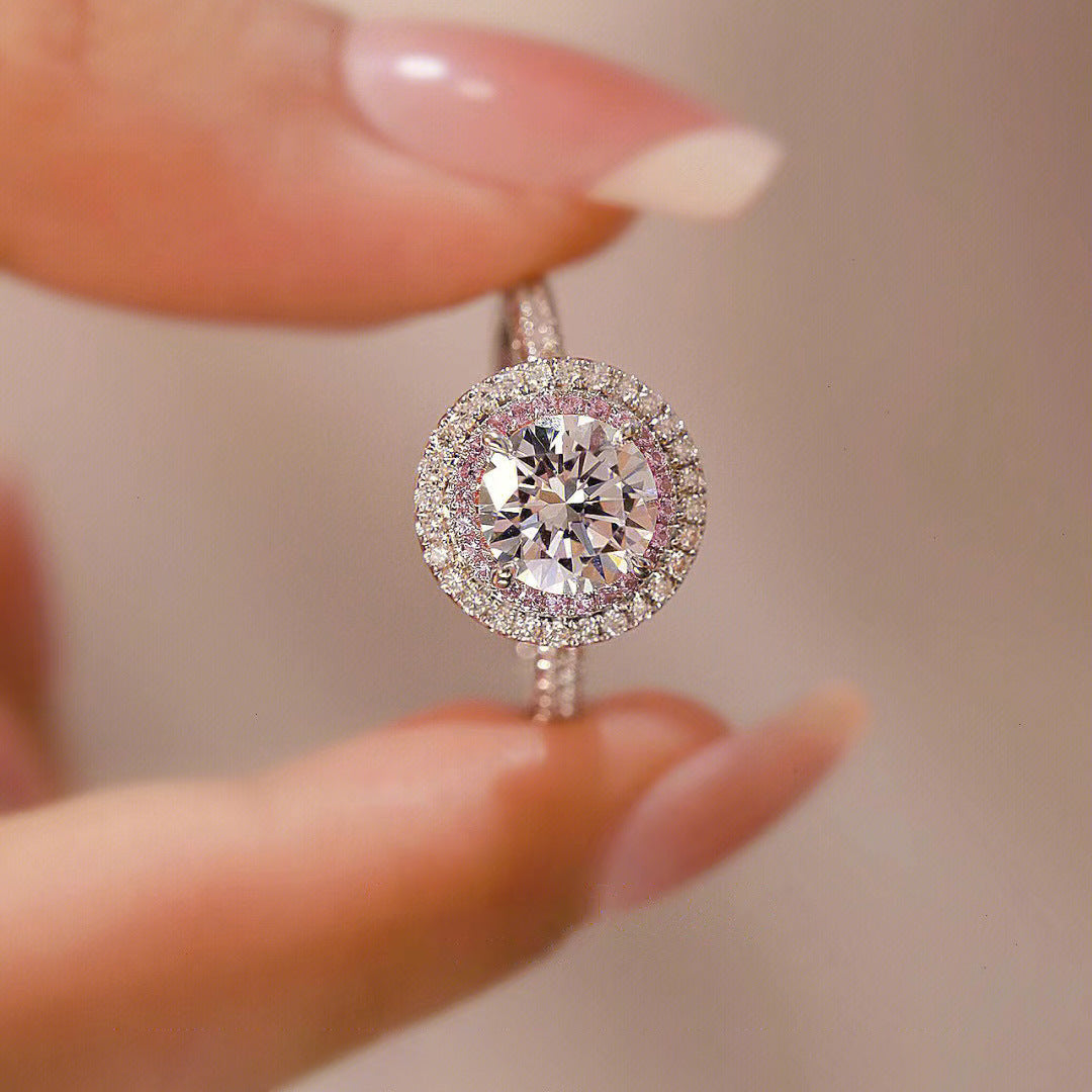 Imitation Moissanite Surrounded With Pink White Color Full Diamond Rings