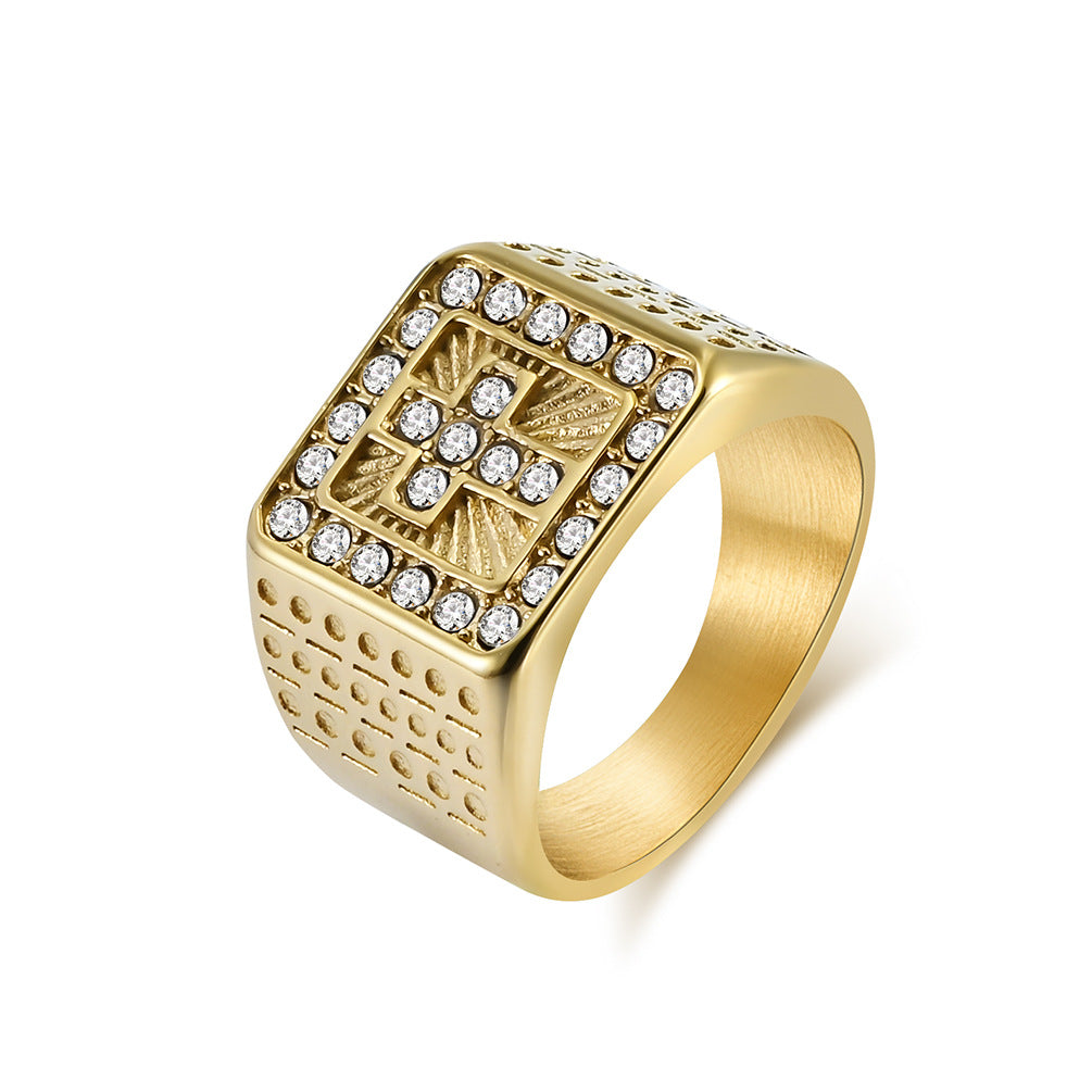 Titanium Steel Gold-plated Cross Full Diamond Rings