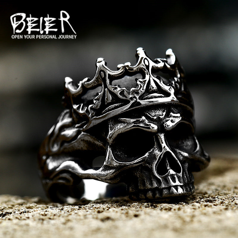 Herren Punk Titan Stahl Totenkopf Krone Edelstahl Ringe