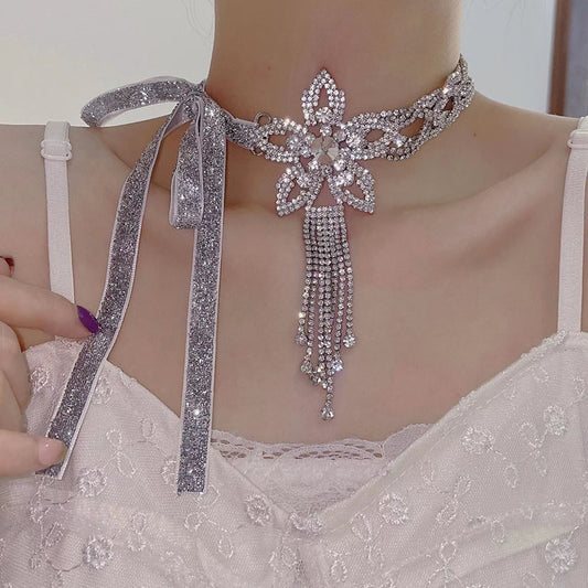 Women's Sparkling Full Rhinestone High-grade Fashionable Adjustable Flower Tassel Necklaces
