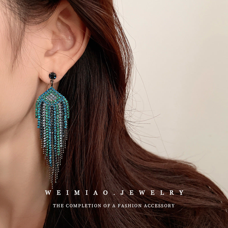Sier Needle Blue Triangular Rhombus Tassel Affordable Luxury Earrings