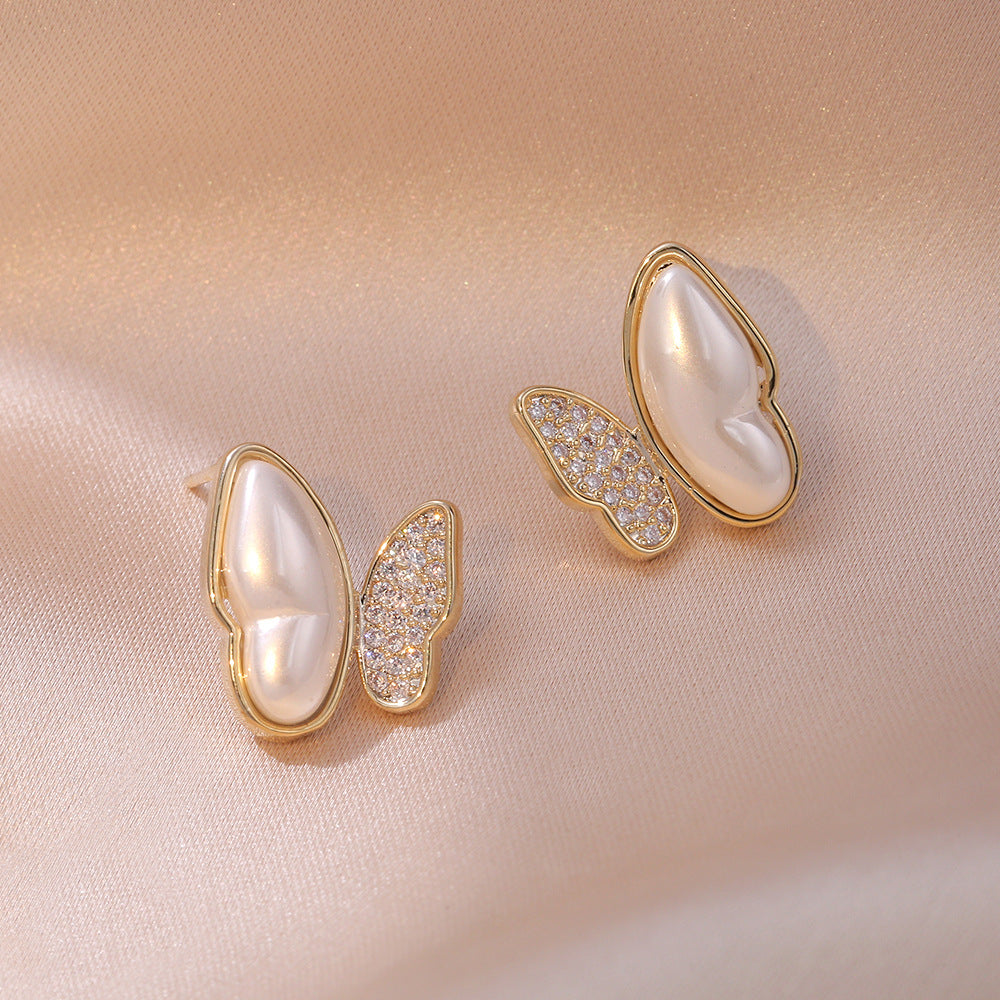 Women's Asymmetric Butterfly Korean Retro Fritillary Diamond Earrings
