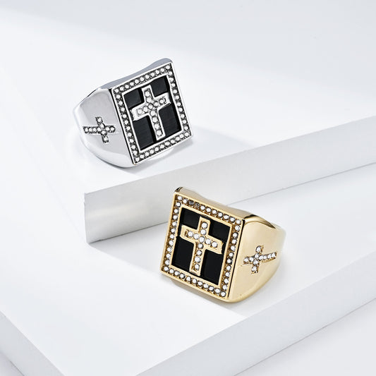 Men's Diamond Cross Titanium Steel Square Thumb Rings