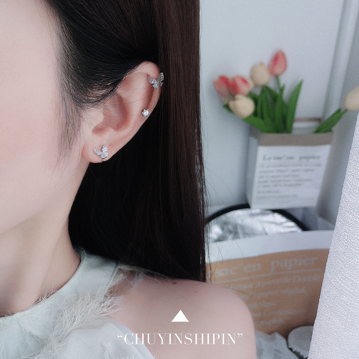 Boucles d'oreilles sans oreilles papillon en argent sterling pour femme