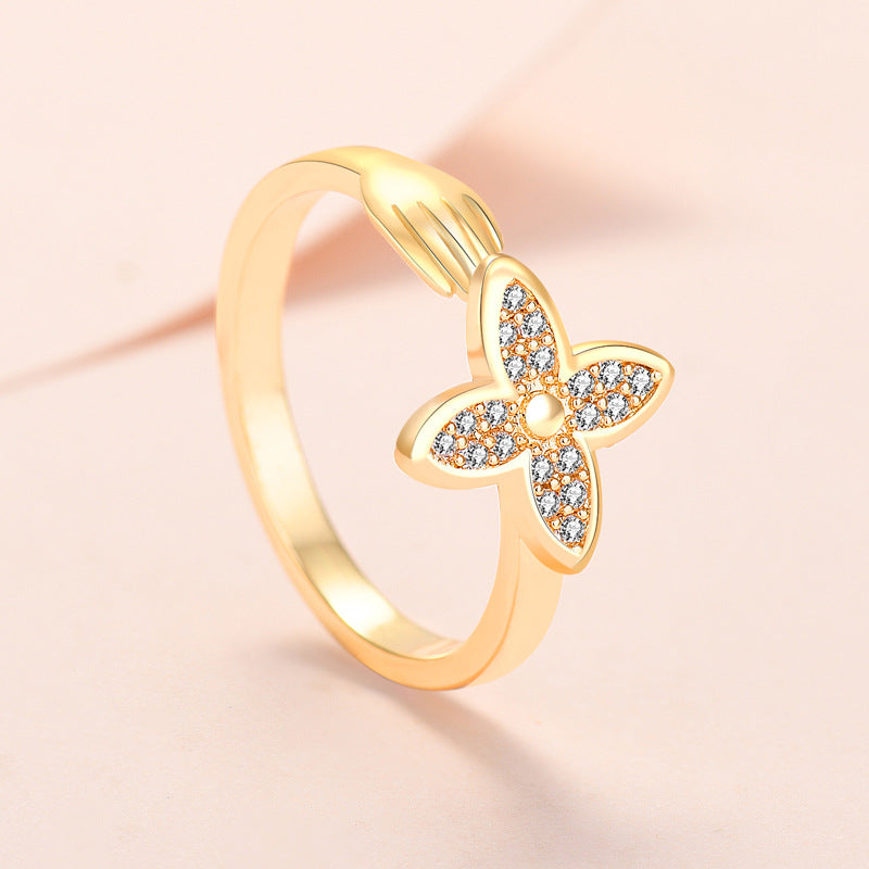 Small Hand Four-leaf Clover Zircon Opening Rings