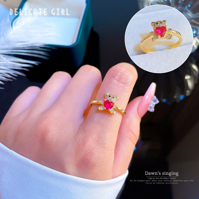 Real Gold Diamond Bear Open Female Minority Simple Rings