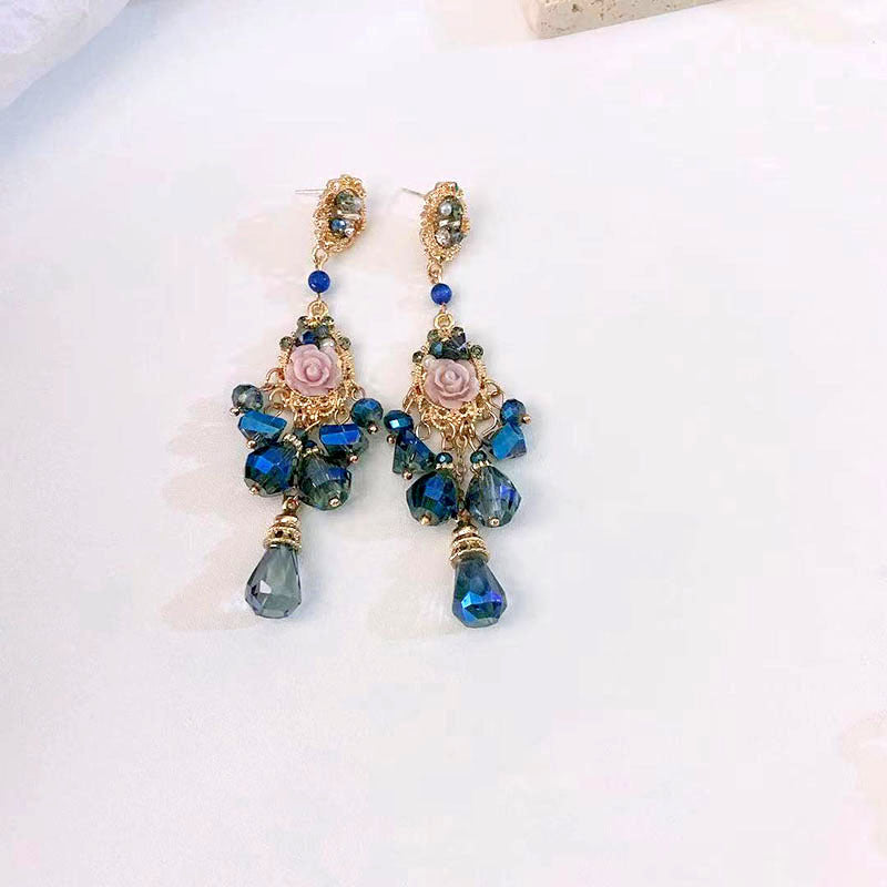 Super Fairy Pink Roses Flower Crystal Tassel Pendant Earrings