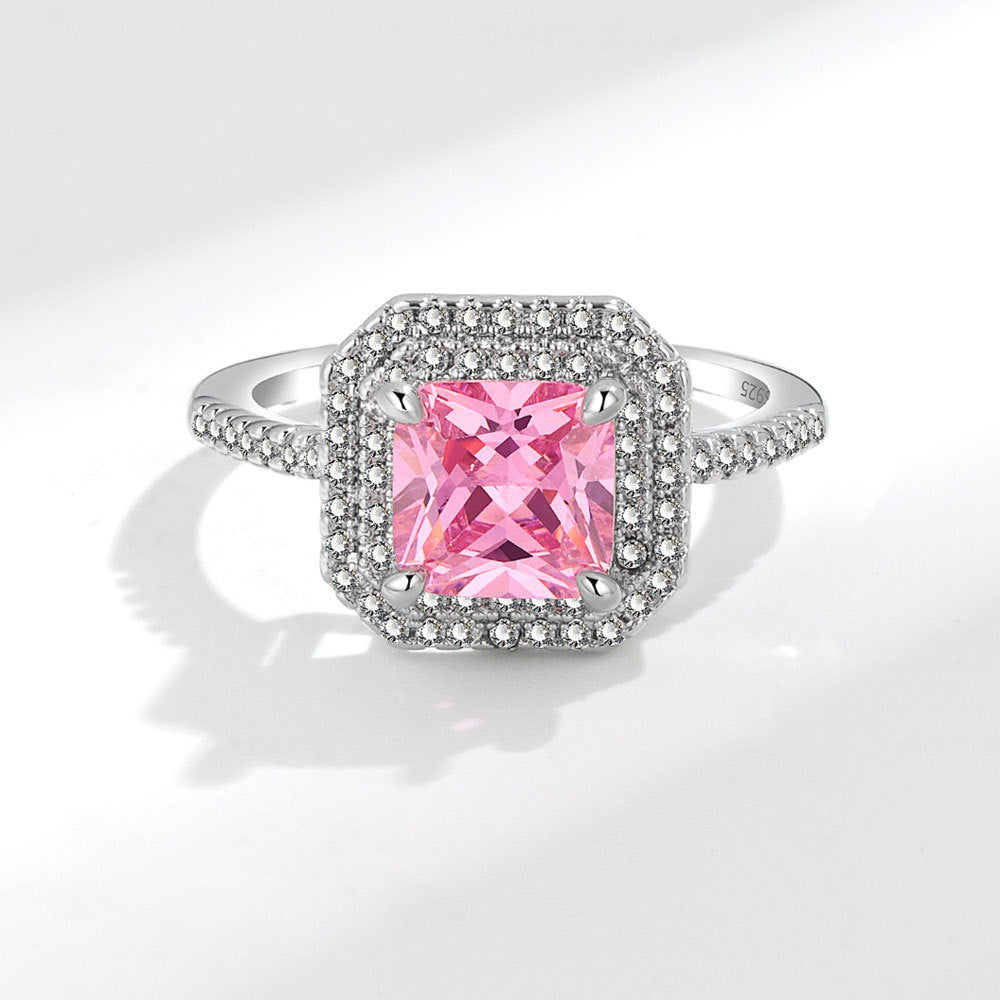 Women's Live Sier-plated Pink Color Simulation Diamond Rings