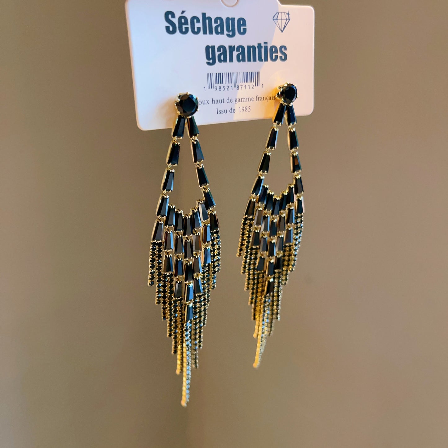 Style Black Zircon Long Fringe Gold Earrings