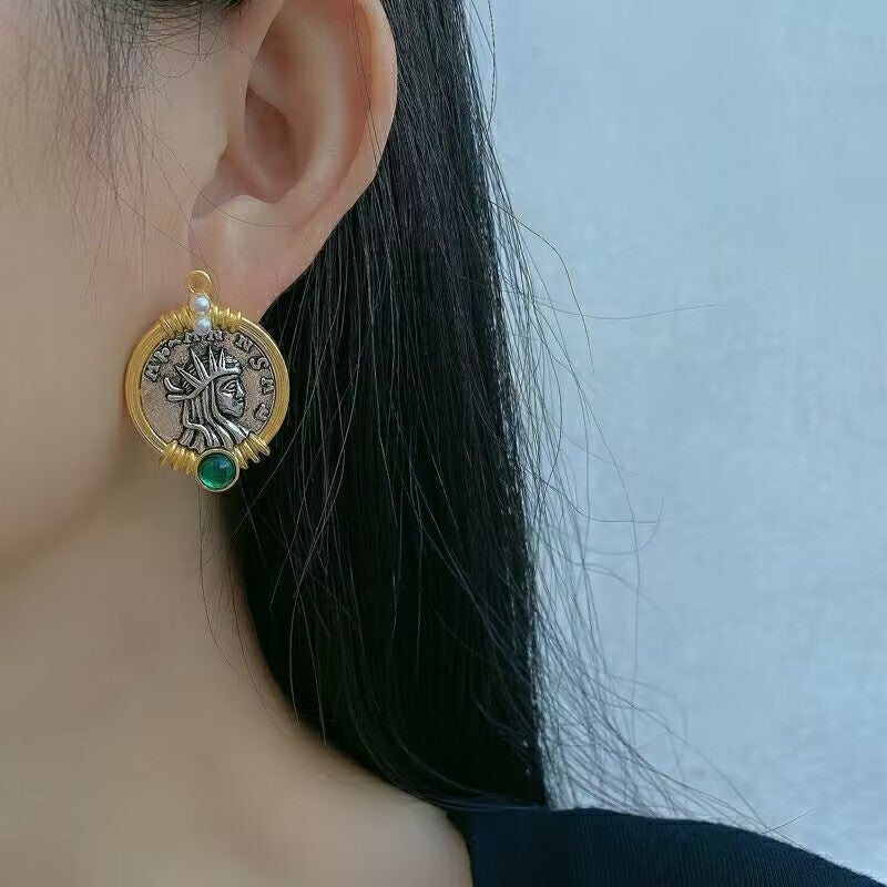 Women's French Retro Antique Coin Series Green Opal Earrings