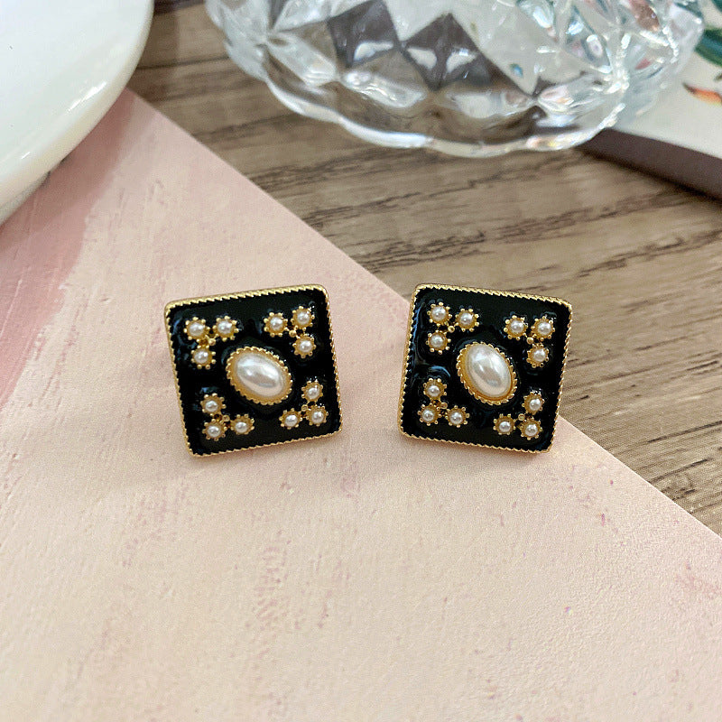 Women's Middle Ancient Drip Glazed Enamel Pearl Brooch French Sier Needle Stud Earrings