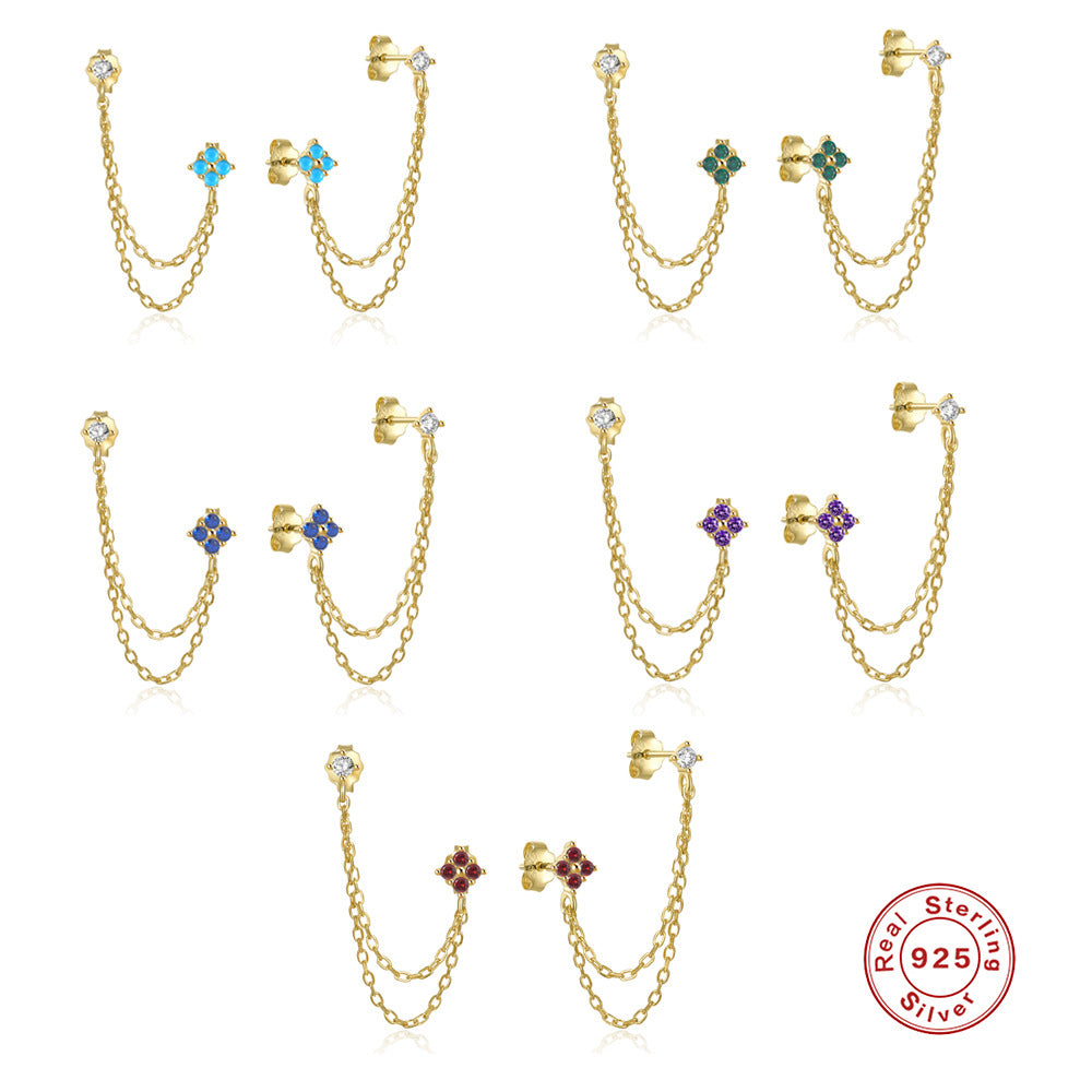 Boucles d'oreilles en forme de chaîne et de diamants pour femmes, Style argent sterling