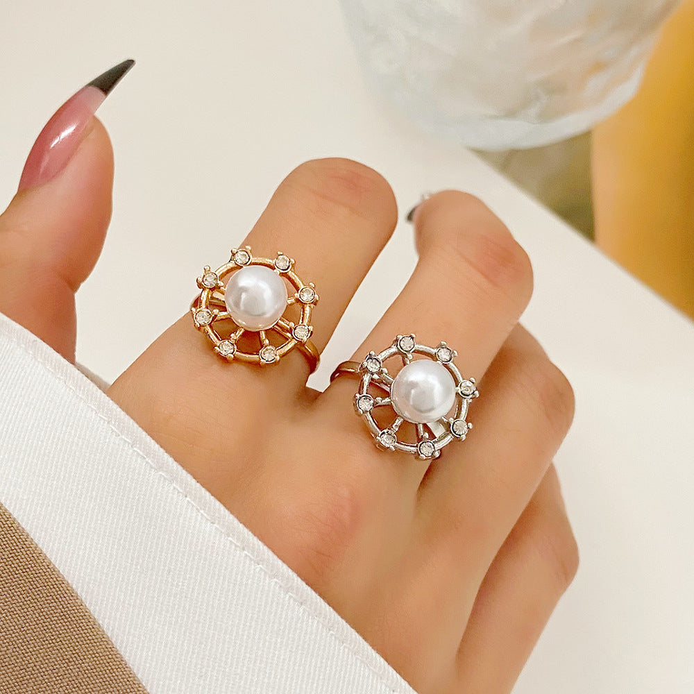 Women's French Entry Lux Diamond Studded Hollow Flower Index Rings