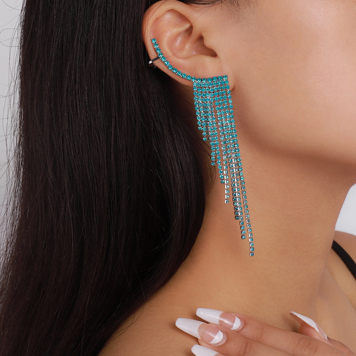Tassel Rhinestone Auricular Needle Geometric Banquet Earrings