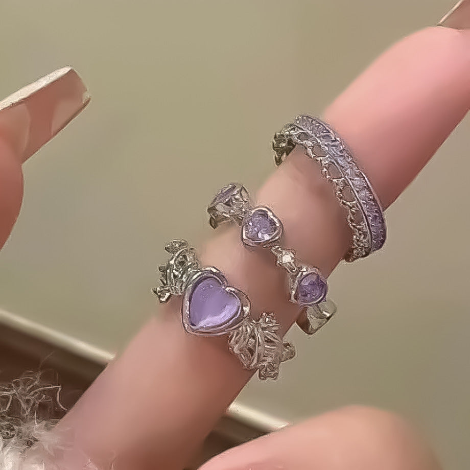Pink Purple Love Heart Thorns Imitation Opal Rings