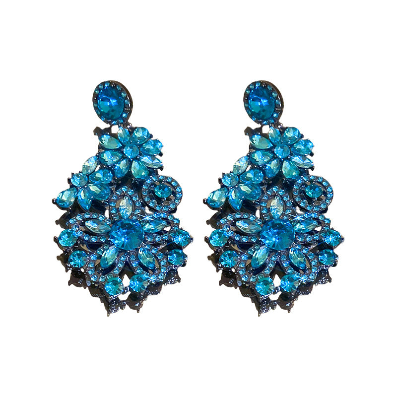 Blue Diamond Flower Exaggerated Design Vintage Earrings