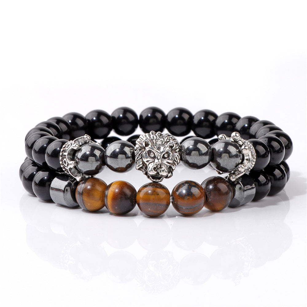 Men's Natural Stone Beads Retro Business Bright Black Lion's Bracelet