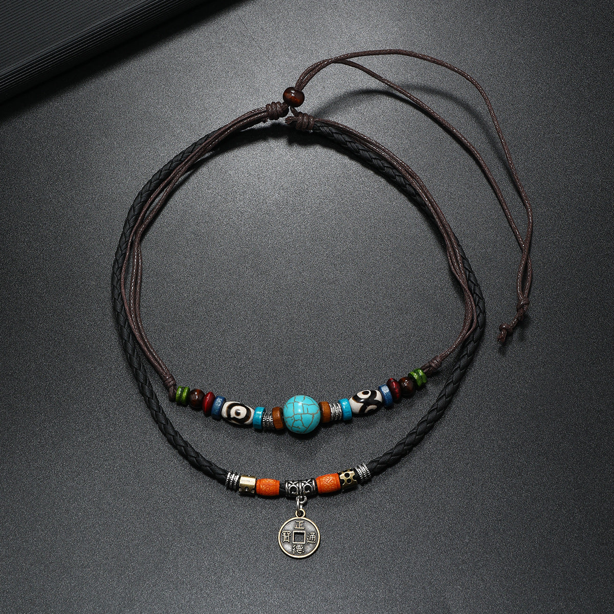 Colliers en cuir tissé de perles turquoise de style rétro pour hommes
