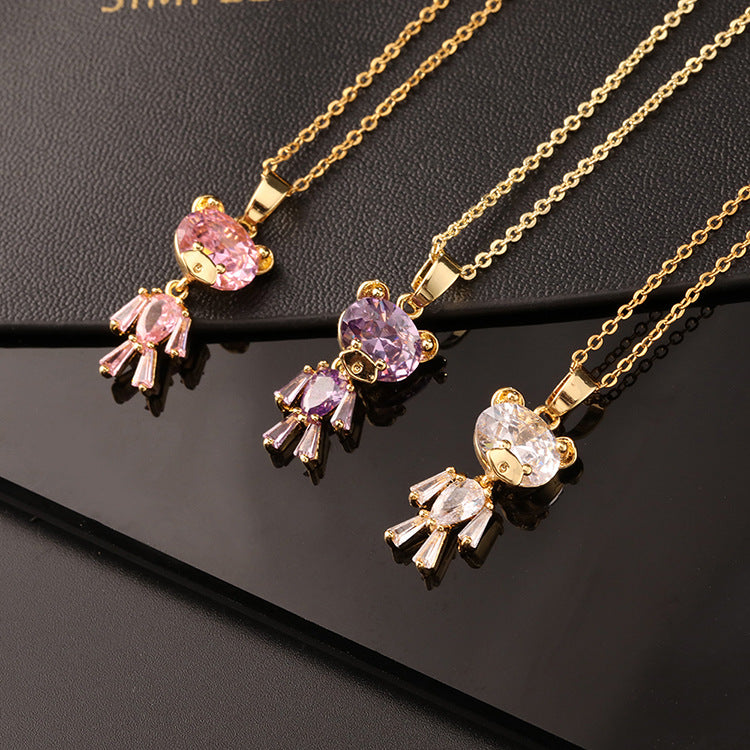 Cute Bear Design Color Zircon Fun Cartoon Female Necklaces