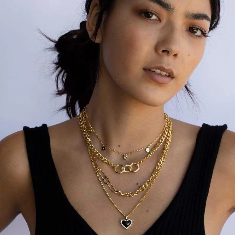 Black Agate Heart Shape With Diamond Necklaces